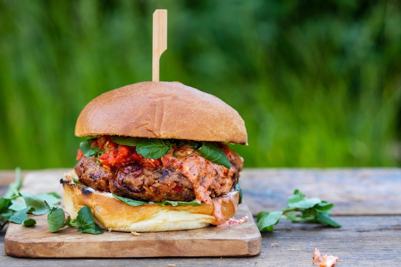 Vegan white bean and sun dried tomato burger.