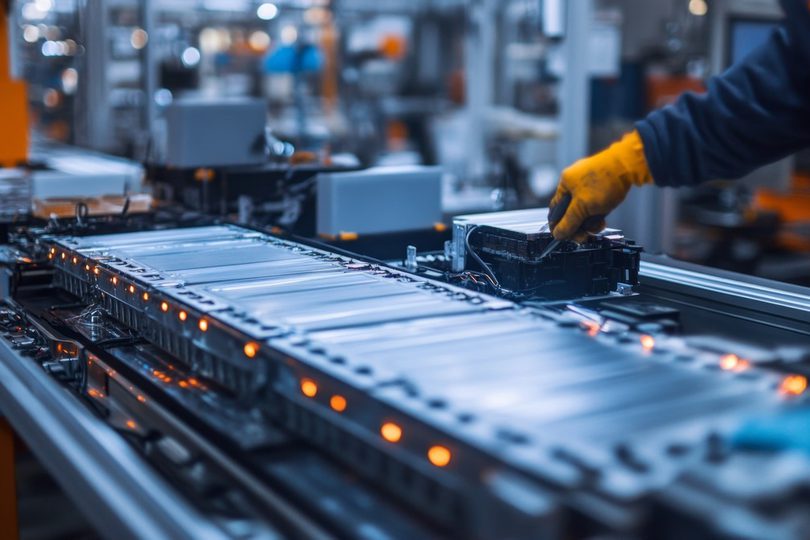 Image showing a factory line with electric vehicle batteries being processed
