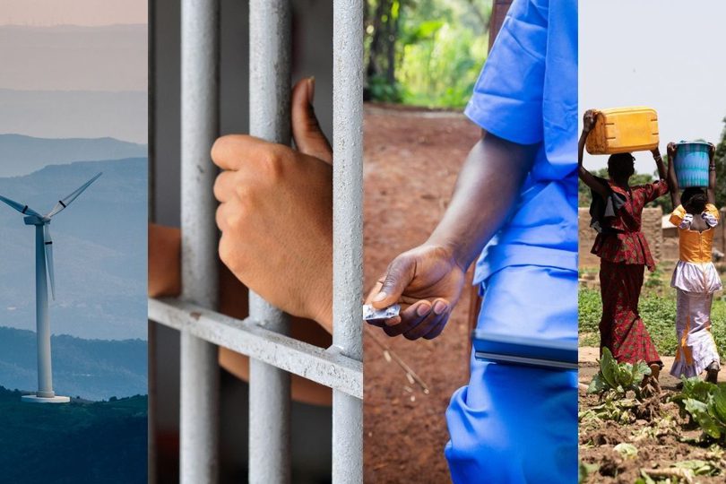 A collage of four images: wind turbines on a mountain ridge against layered blue hills, a hand gripping prison bars, a healthcare worker handing medicine to a patient while using a digital device, children carrying water containers along a dirt path,